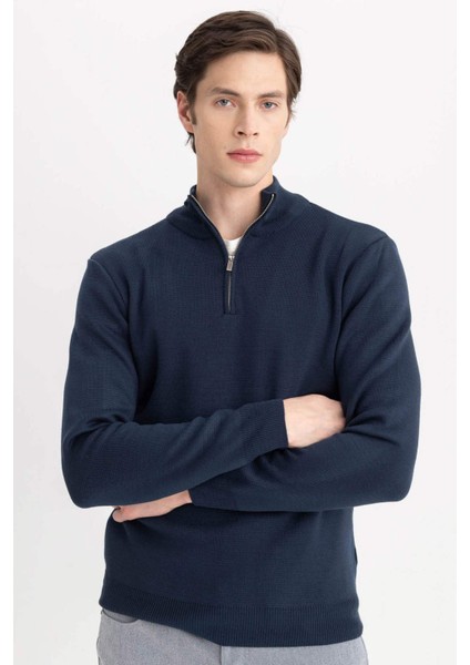 Standart Fit Normal Kesim Dik Yaka Yarım Fermuarlı Basic Düz Triko Kazak A5184AX24AU