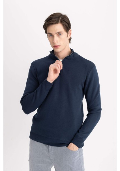 Standart Fit Normal Kesim Dik Yaka Yarım Fermuarlı Basic Düz Triko Kazak A5184AX24AU