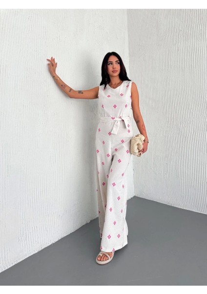 Sırt Dekolteli Keten Beyaz Tulum S1036