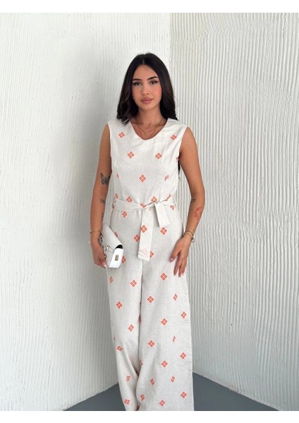 Sırt Dekolteli Keten Beyaz Tulum S1036