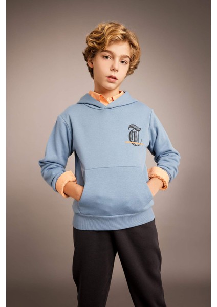 Erkek Çocuk Baskılı Kapüşonlu Kalın Sweatshirt B6313A823CW