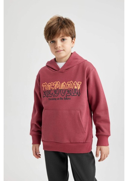 Erkek Çocuk Baskılı Kapüşonlu Kalın Sweatshirt B6312A823CW