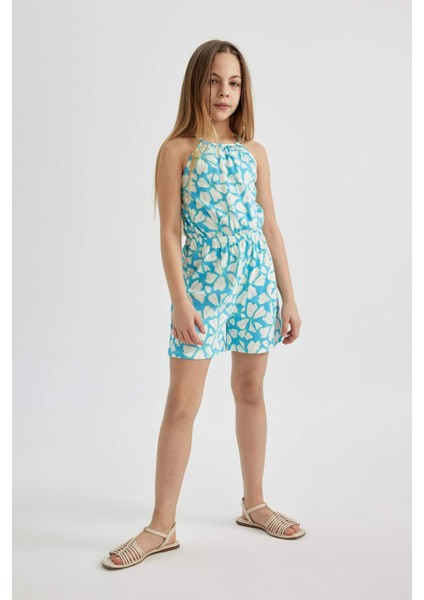 Kız Çocuk Askılı Desenli Penye Kısa Tulum B4813A824SM