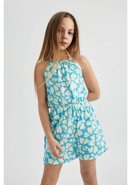 Kız Çocuk Askılı Desenli Penye Kısa Tulum B4813A824SM