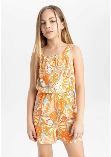 Kız Çocuk Desenli Askılı Kısa Tulum B4814A824SM