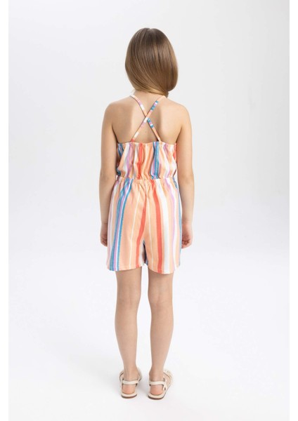 Kız Çocuk Askılı Desenli Penye Kısa Tulum B4813A824SM