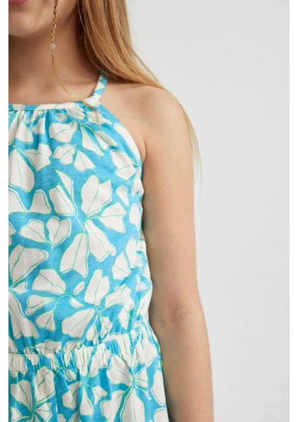 Kız Çocuk Askılı Desenli Penye Kısa Tulum B4813A824SM