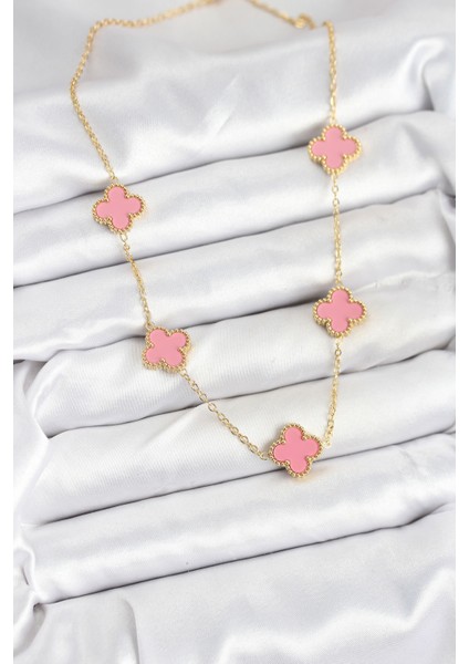 316L Çelik Zincir Gold Pembe Renk Yonca Kadın Kolye - Bamido