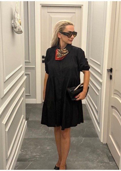 Volanlı Rahat Kalıp Kısa Kollu Kadın Siyah Elbise