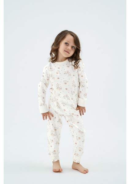 Kız Çocuk Uzun Kollu Baskılı Ekru Pijama Takımı C4T2N98
