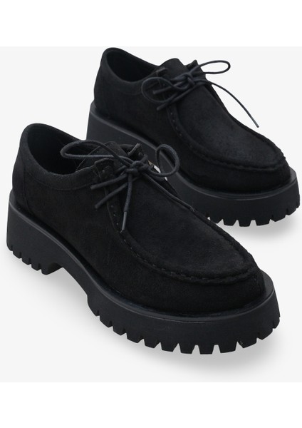 Kadın Loafer Kalın Taban Bağcıklı Günlük Ayakkabı Ferisley Siyah Süet