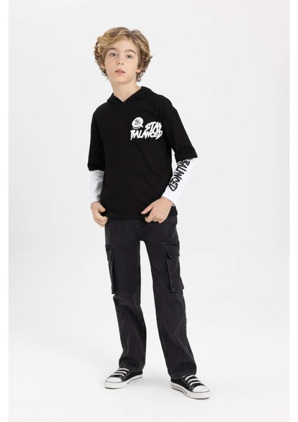 Erkek Çocuk Oversize Fit Kapüşonlu Baskılı Uzun Kollu Tişört B6478A824SP