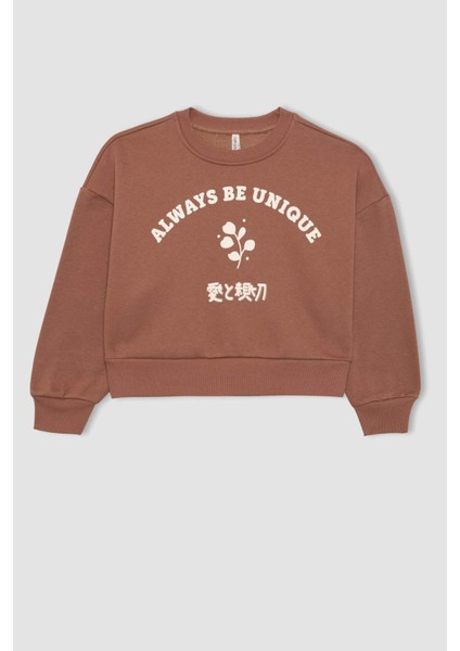 Kız Çocuk Relax Fit Bisiklet Yaka Baskılı Kalın Sweatshirt B4675A823WN