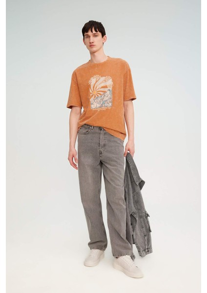 Comfort Fit Bisiklet Yaka Baskılı Yıkamalı Soluk Efektli Kısa Kollu Tişört B8493AX24SM