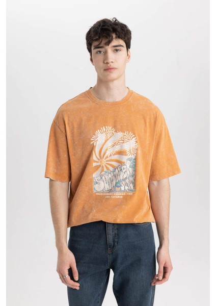 Comfort Fit Bisiklet Yaka Baskılı Yıkamalı Soluk Efektli Kısa Kollu Tişört B8493AX24SM