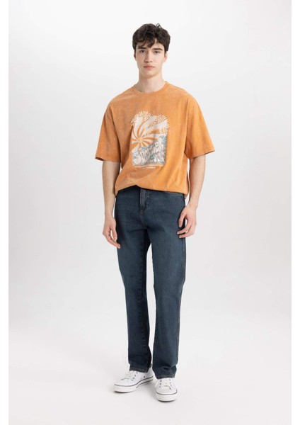 Comfort Fit Bisiklet Yaka Baskılı Yıkamalı Soluk Efektli Kısa Kollu Tişört B8493AX24SM