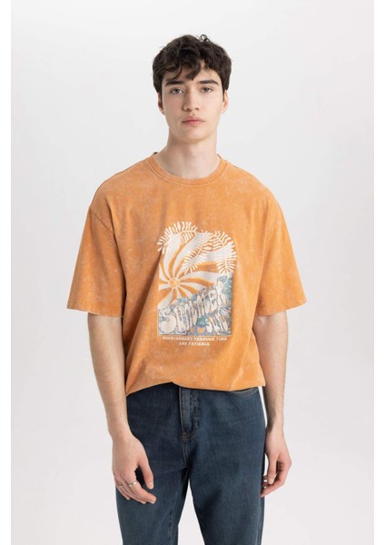 Comfort Fit Bisiklet Yaka Baskılı Yıkamalı Soluk Efektli Kısa Kollu Tişört B8493AX24SM