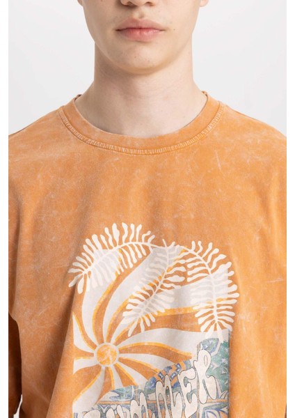 Comfort Fit Bisiklet Yaka Baskılı Yıkamalı Soluk Efektli Kısa Kollu Tişört B8493AX24SM