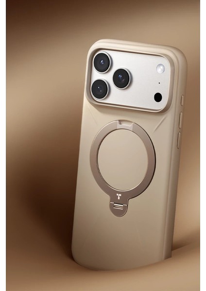Apple iPhone 17 Pro Max O Stand Spin Silicone Serisi Magsafe Kılıf - Krem modelleri