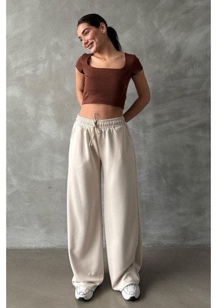 Bej Geniş Paça Modal Kadın Eşofman Altı MG2122