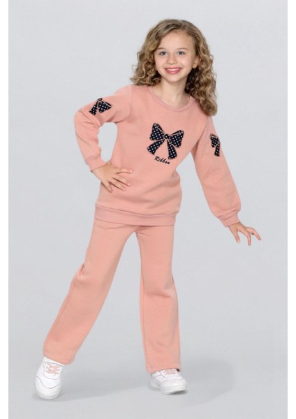 Kışlık Kız Çocuk Üç Iplik Takım – Nakışlı Fiyonklu,puantiyeli Şık ve Konforlu Takım