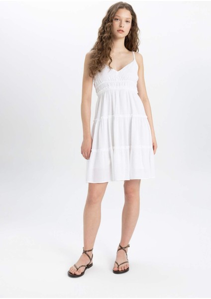 A Kesim V Yaka Askılı Beyaz Mini Elbise B9019AX24SM