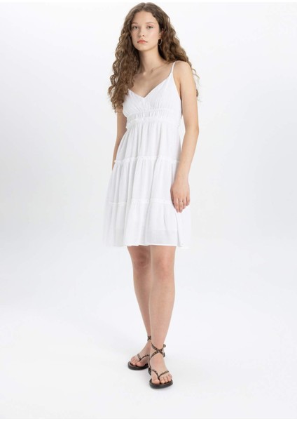 A Kesim V Yaka Askılı Beyaz Mini Elbise B9019AX24SM