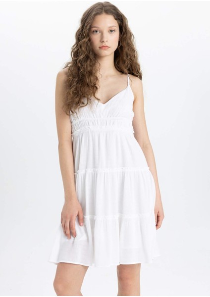 A Kesim V Yaka Askılı Beyaz Mini Elbise B9019AX24SM