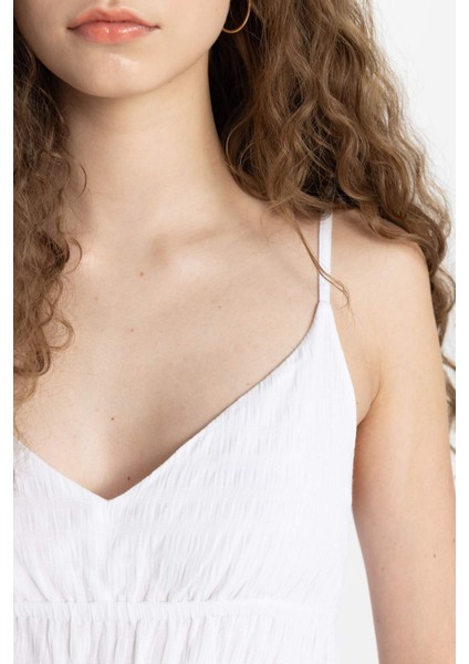 A Kesim V Yaka Askılı Beyaz Mini Elbise B9019AX24SM