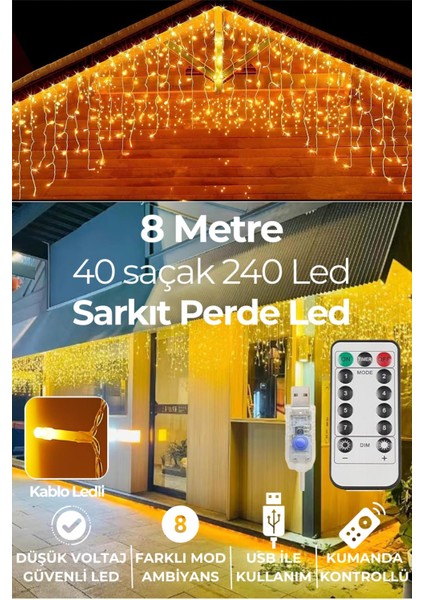 8 Metre 240 Ledli Perde LED Işık Usbli Kumandalı Modlu 40 Saçaklı Dekoratif LED Işık Gün Işığı Saçak boyu 50-60-70cm