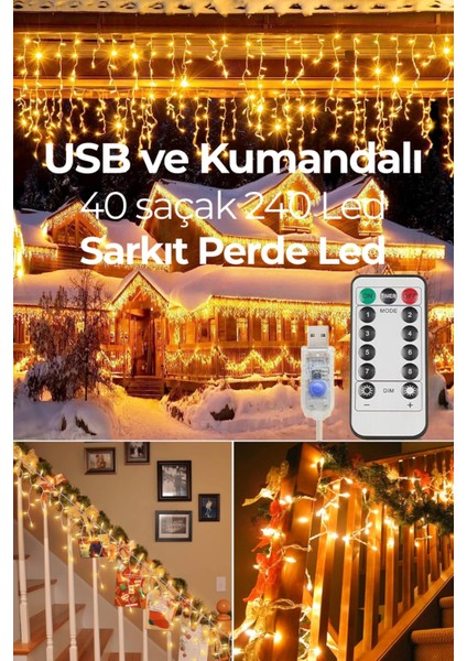 8 Metre 240 Ledli Perde LED Işık Usbli Kumandalı Modlu 40 Saçaklı Dekoratif LED Işık Gün Işığı Saçak boyu 50-60-70cm fiyatları