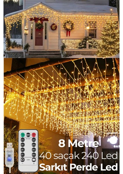 8 Metre 240 Ledli Perde LED Işık Usbli Kumandalı Modlu 40 Saçaklı Dekoratif LED Işık Gün Işığı Saçak boyu 50-60-70cm modelleri