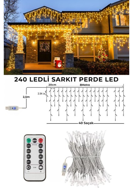 8 Metre 240 Ledli Perde LED Işık Usbli Kumandalı Modlu 40 Saçaklı Dekoratif LED Işık Gün Işığı Saçak boyu 50-60-70cm indirimleri