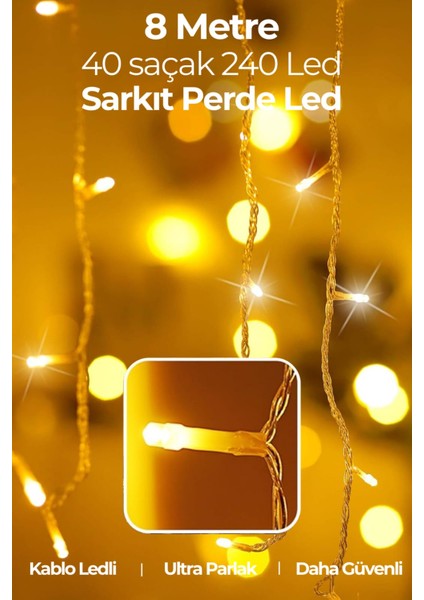 8 Metre 240 Ledli Perde LED Işık Usbli Kumandalı Modlu 40 Saçaklı Dekoratif LED Işık Gün Işığı Saçak boyu 50-60-70cm