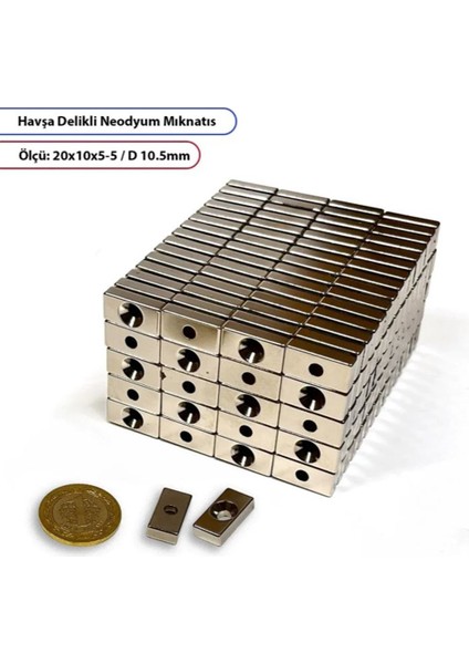 Havşa Delikli Neodyum Mıknatıs 20X10X5 mm - Havşa 10.5mm - Delik - 2mm modelleri