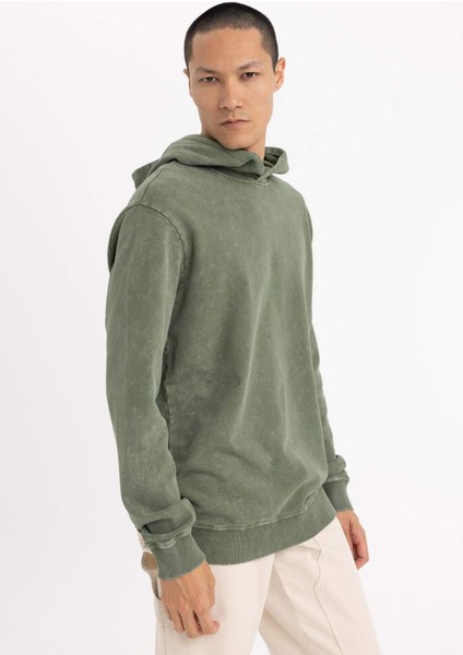 Regular Fit Kapüşonlu Yıkamalı Soluk Efektli Basic Düz Sweatshirt B9220AX23WN