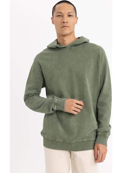 Regular Fit Kapüşonlu Yıkamalı Soluk Efektli Basic Düz Sweatshirt B9220AX23WN