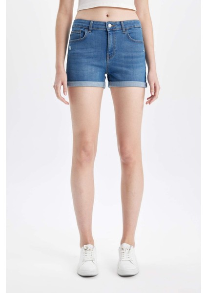 Yüksek Bel Katlamalı Paça Jean Şort B9195AX24SM