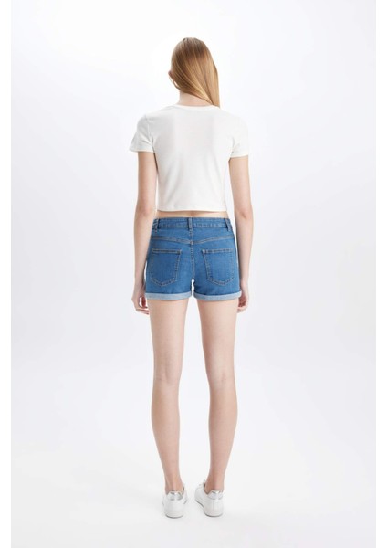 Yüksek Bel Katlamalı Paça Jean Şort B9195AX24SM