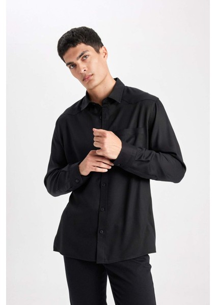 Regular Fit Uzun Kollu Siyah Gömlek B8951AX23WN