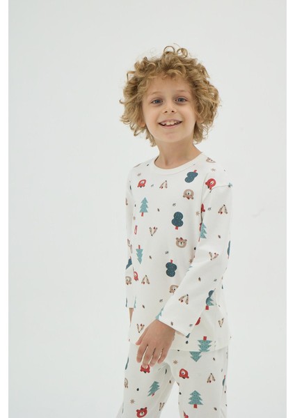 Unisex Çocuk Uzun Kol Ekru Desenli Pijama Takımı C9T1N98