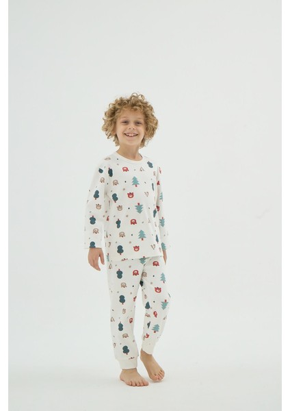 Unisex Çocuk Uzun Kol Ekru Desenli Pijama Takımı C9T1N98 modelleri