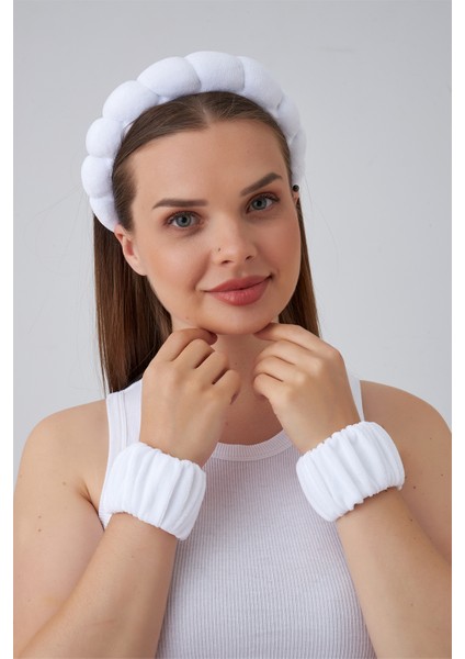 Havlu Kumaş Burgulu Bombeli Spa ve Makyaj Kadın Taç ve 2 Adet Bileklik Seti