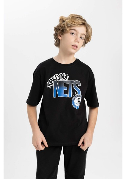 Erkek Çocuk NBA Brooklyn Nets Oversize Geniş Kalıp Bisiklet Yaka Kısa Kollu Tişört