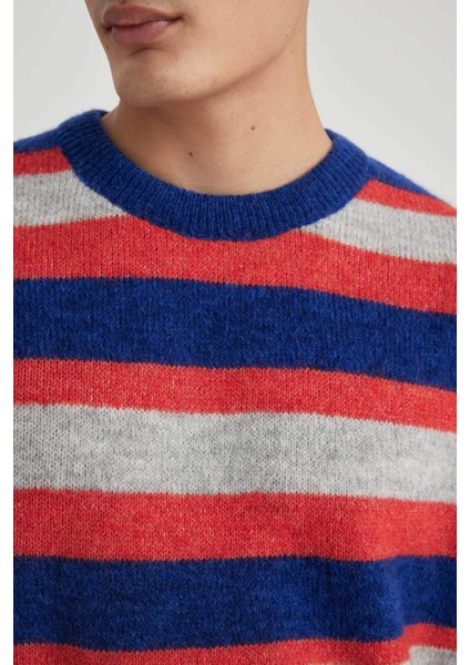 Standart Fit Çizgili Bisiklet Yaka Triko Kazak B8775AX23CW