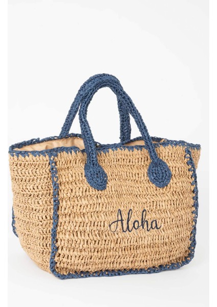 Kadın Yazı İşlemeli Hasır El Çantası B9278AXNS