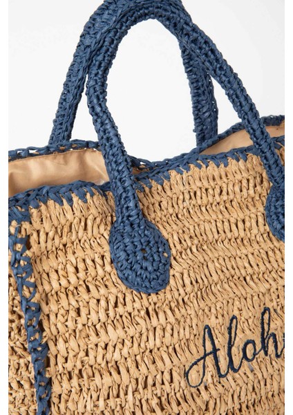 Kadın Yazı İşlemeli Hasır El Çantası B9278AXNS