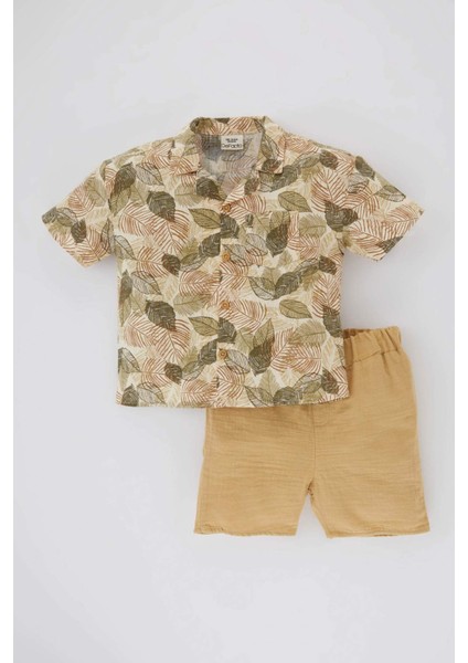 Erkek Bebek 2'li Takım Tropikal Desenli Flamlı Poplin Gömlek Şort