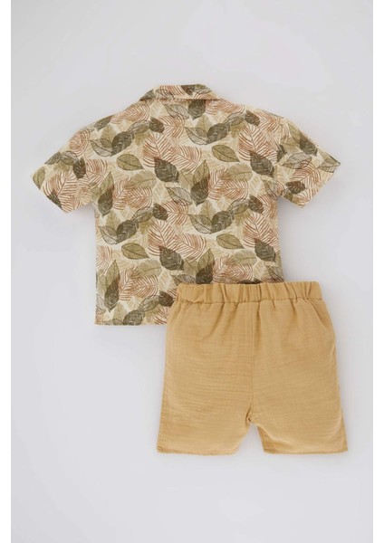 Erkek Bebek 2'li Takım Tropikal Desenli Flamlı Poplin Gömlek Şort