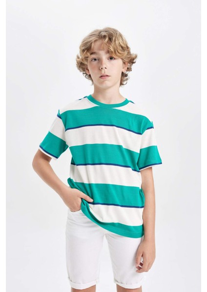 Erkek Çocuk Bisiklet Yaka Çizgili Kısa Kollu Tişört